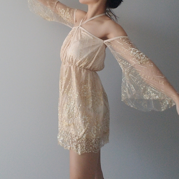 Fashion Nova Pants - NEW Sparkly Sequin Gold Blush Nude Illusion Romper